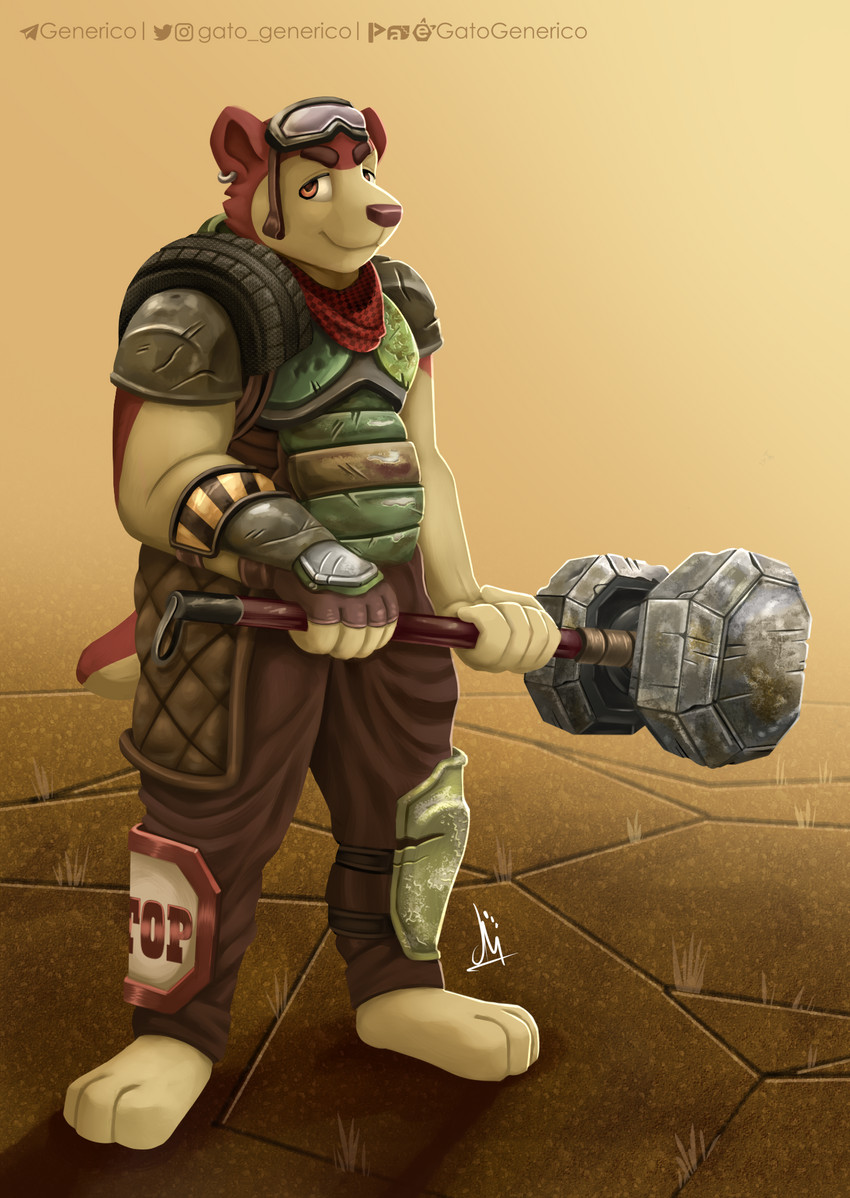 anthro apocalypse armor belly clothed clothing desert eyewear fully_clothed fur goggles hammer looking_at_viewer male maul melee_weapon outside simple_background sledgehammer smile solo standing tools wasteland weapon gatogenerico terry_(shai_dreamcast) bear mammal hi_res