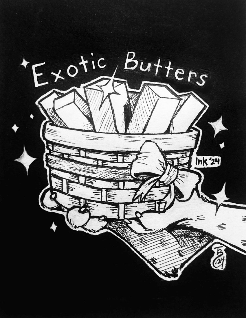 anthro basket bow_ribbon butter container dairy_products food fur holding_object markings solo spots spotted_body spotted_fur text theblueberrycarrots inktober marc_(theblueberrycarrots) felid feline lynx mammal 2024 absurd_res english_text hi_res monochrome traditional_media_(artwork)