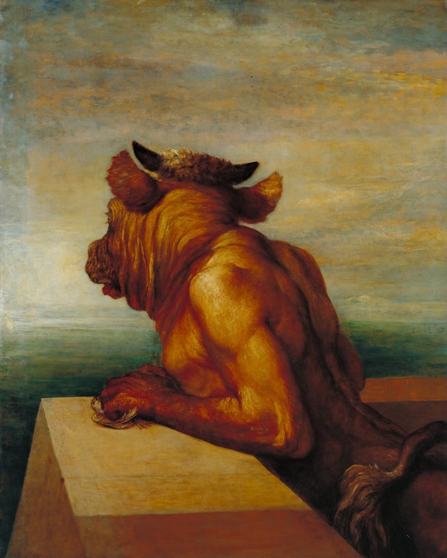 5_fingers anthro brown_body brown_fur day fingers fur horn looking_aside male nude outside side_view sky solo tail tail_tuft tuft george_frederic_watts european_mythology greek_mythology mythology the_minotaur_(painting) avian bird bovid bovine mammal minotaur 1885 19th_century ancient_art formal_art hi_res