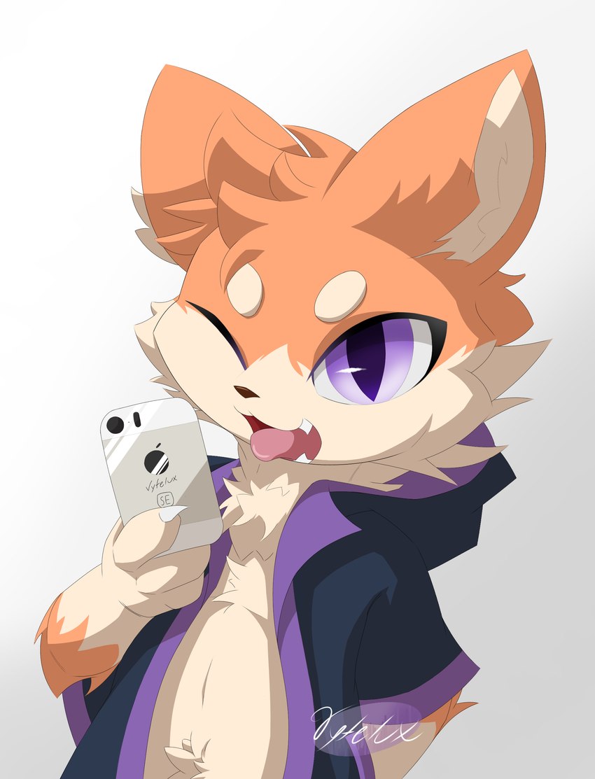 ambiguous_gender anthro claws clothed clothing electronics kemono looking_at_viewer open_mouth phone purple_eyes sharp_teeth solo teeth tongue tongue_out young young_ambiguous young_anthro vytelux canid canine fox mammal absurd_res hi_res