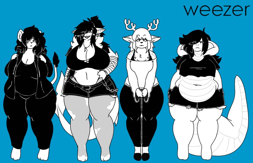 anthro antlers bandage bandaged_arm belly big_breasts biped bottomwear breasts chain clothed clothing curvy_figure denim denim_bottomwear denim_clothing denim_shorts female fishnet_clothing fur group hair hoodie hooves horn looking_at_viewer non-mammal_breasts off_shoulder overweight overweight_female pants piercing scales shorts simple_background smile snake_hood sweater sweatpants tail text thick_thighs topwear torn_clothing voluptuous wide_hips mexifurfoof weezer weezer_(blue_album) amelia_(mexifurfoof) belle_(mexifurfoof) frieda_(mexifurfoof) lucy_(mexifurfoof) black_and_white digital_drawing_(artwork) digital_media_(artwork) english_text meme monochrome