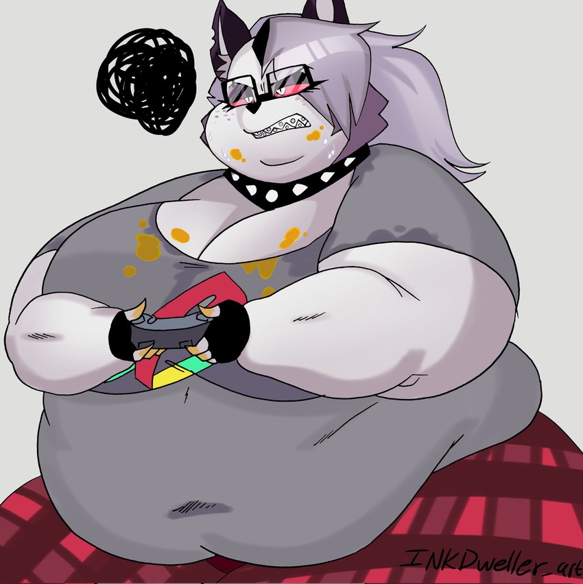 annoyed anthro belly big_belly big_breasts bodily_fluids braces breasts clothing collar controller eyewear female food_stains frustrated frustration_cloud game_controller glasses grey_clothing grey_shirt grey_topwear holding_object huge_breasts messy nerd obese obese_anthro obese_female overweight overweight_anthro overweight_female shirt solo sweat tight_clothing tight_shirt tight_topwear topwear inkdweller_art helluva_boss mythology loona_(helluva_boss) canid canid_demon canine demon hellhound mammal mythological_canine mythological_creature hi_res