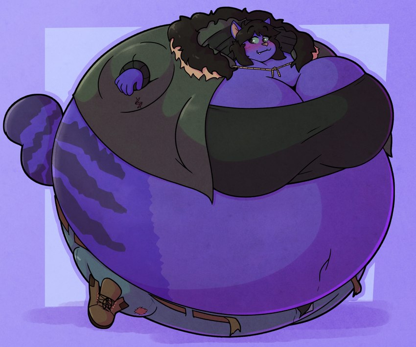 anthro belly belly_expansion belt big_belly big_breasts black_hair blue_body blue_fur blueberry_inflation blush body_inflation breast_expansion breasts clothed clothing cute_fangs expansion fangs female fur hair hoodie huge_belly huge_breasts hyper hyper_belly hyper_breasts hyper_inflation immobile inflation markings navel patch_(fabric) patched_clothing smile solo spherical_inflation striped_body striped_fur striped_markings striped_tail stripes tail tail_markings teeth topwear 2b-labs domestic_cat felid feline felis mammal 2024