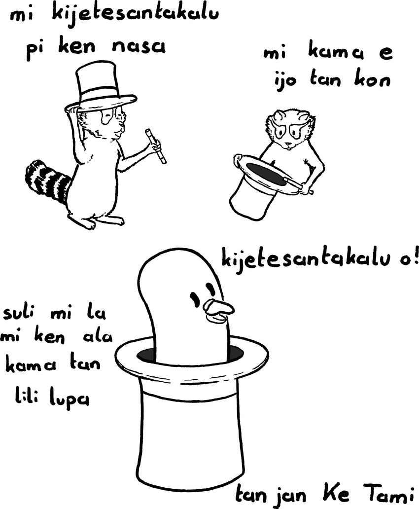 3_panel_comic ambiguous_gender anthro dialogue duo feral humor magic_trick magic_wand magician magician_hat semi-anthro simple_background text jan_ke_tami cc-by creative_commons kijetesantakalu_o lipu_tenpo kijetesantakalu_(kijetesantakalu_o) waso_(kijetesantakalu_o) avian bird columbid mammal pigeon procyonid raccoon absurd_res artist_name comic constructed_language hi_res monochrome toki_pona_text translated