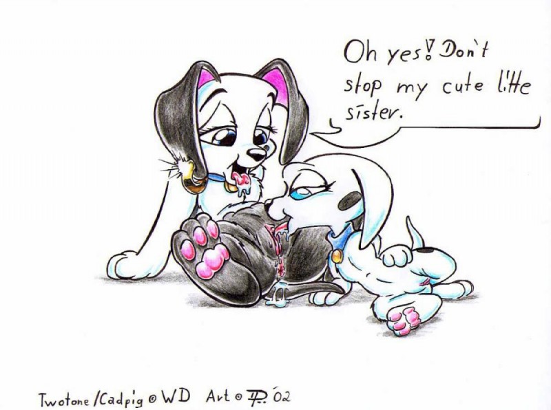 anthro anus blue_eyes bodily_fluids drooling duo ear_piercing feet female female/female genitals hindpaw paws piercing pussy saliva simple_background tail white_background young dennis_pawers 101_dalmatians disney cadpig two-tone_(101_dalmatians) canid canine canis dalmatian domestic_dog mammal 2002 incest_(lore) sibling_(lore) sister_(lore) sisters_(lore)