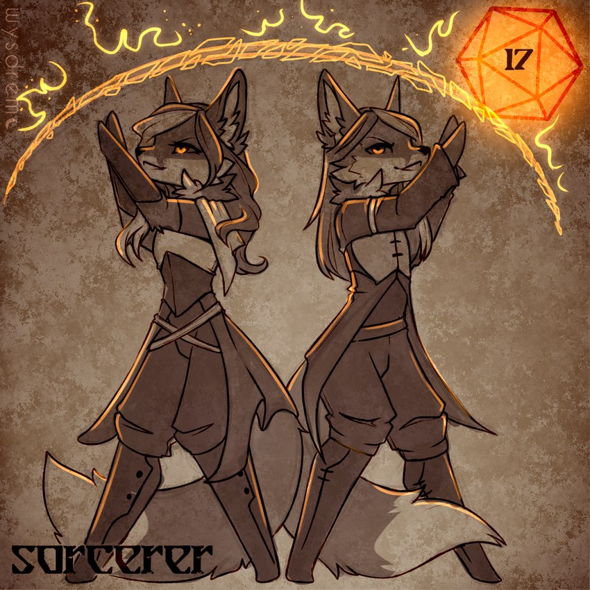 anthro clothing d20 dice duo ears_up female flat_chested glowing holidays magic magic_user narrowed_eyes orange_glow paintbrush_tail standing wysdrem halloween canid canine canis fox mammal 1:1 hi_res