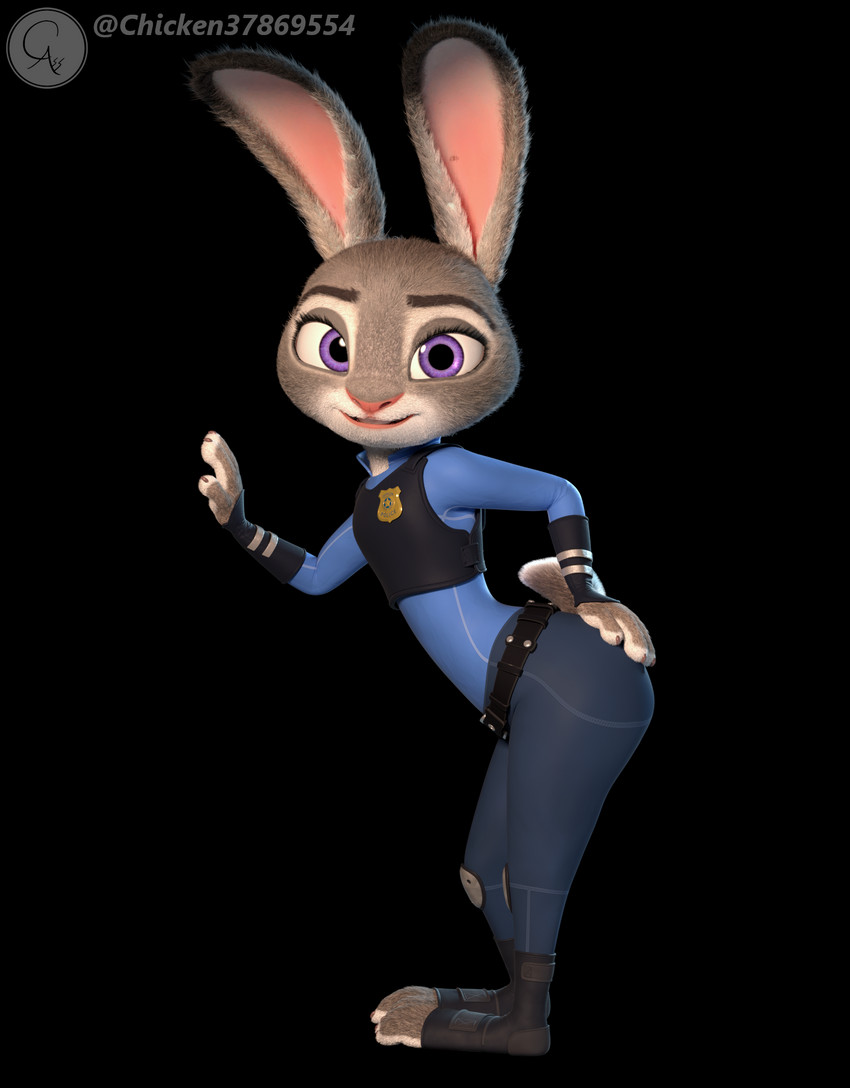 anthro butt clothed clothing female fur looking_at_viewer multicolored_ears police police_uniform purple_eyes simple_background solo toeless_legwear uniform chickenass disney zootopia judy_hopps lagomorph leporid mammal rabbit 3d_(artwork) digital_media_(artwork) hi_res