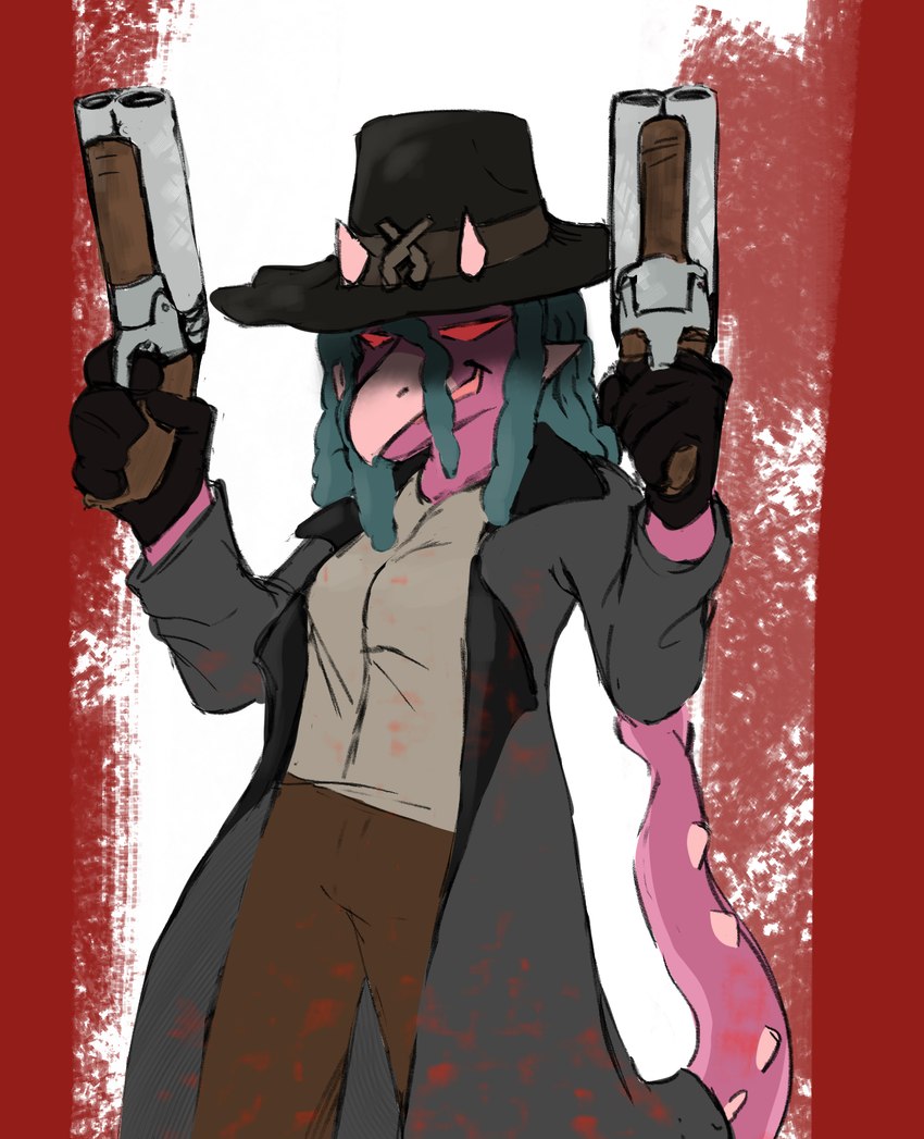 anthro blood bodily_fluids clothed clothing coat cosplay dreadlocks female green_hair gun hair hat headgear headwear horn pink_body ranged_weapon red_eyes sawed-off_shotgun shotgun solo topwear trenchcoat weapon tippydown blood_(series) cavemanon_studios snoot_game babs_(snoot_game) ankylosaurian ankylosaurid ankylosaurus dinosaur ornithischian prehistoric_species reptile scalie thyreophoran hi_res