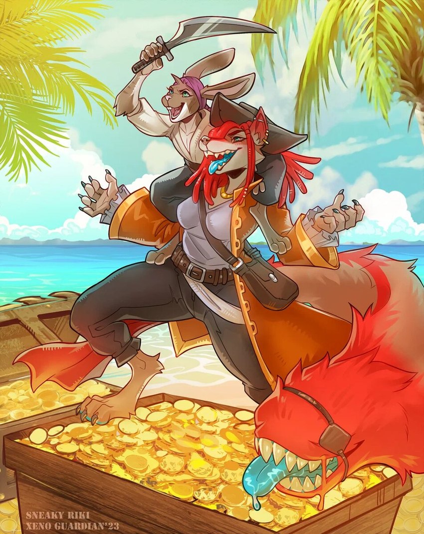 anthro beach coin dreadlocks duo ear_piercing ear_ring eye_patch eyewear female frock frock_coat gold_(metal) gold_coin heterochromia industrial_piercing kerchief male melee_weapon palm_tree piercing pirate pirate_hat plant ring_piercing sand sea seaside size_difference sword tail tail_mouth teeth tongue tongue_out treasure treasure_chest tree unusual_anatomy unusual_tail water weapon commander_braithor xenoguardian legend_of_ahya ahya_(legend_of_ahya) jake_thumpings taylor_renee_wolford_(darkflamewolf) canid canine canis lagomorph leporid mammal rabbit wolf 2023 hi_res