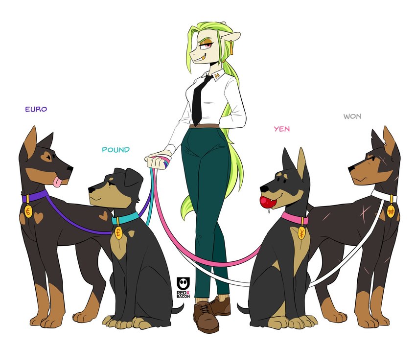 anthro collar currency_symbol ear_piercing euro_sign female feral gold_(metal) gold_tooth green_hair hair heart_symbol leash necktie piercing pound_sign symbol won_sign yen_sign redxbacon hasbro my_little_pony fan_character golden_keylime_(oc) canid canine canis dobermann domestic_dog mammal pinscher hi_res