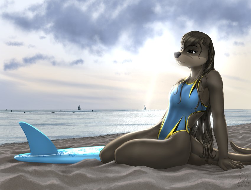 5_fingers ambiguous_gender anthro black_nose breasts brown_body brown_eyes brown_fur brown_hair clothed clothing day detailed_background female fingers fur group hair membrane_(anatomy) one-piece_swimsuit sitting smile solo_focus sport_swimsuit swimwear webbed_hands mykegreywolf nat_(mykegreywolf) mammal mustelid otter 2018 digital_media_(artwork) hi_res