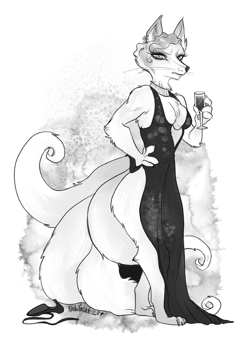 anthro clothing digitigrade dress female footwear hair hand_on_hip high_heels holding_wine_glass implied_transformation looking_at_viewer shirt shoes solo standing topwear whiskers nakitacat canid canine fox mammal 2023 hi_res monochrome