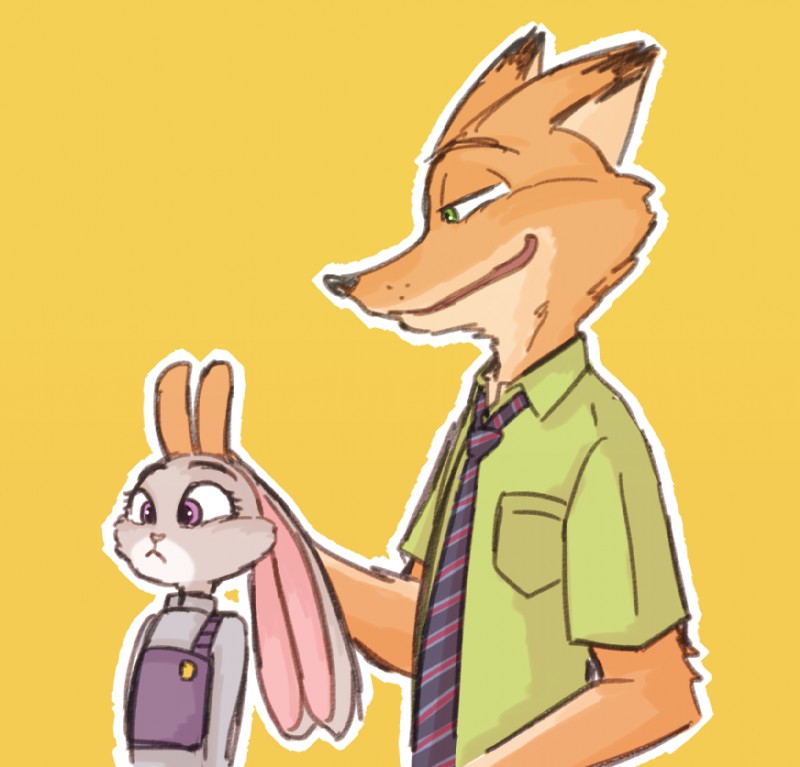 anthro bunny_ears_(gesture) clothed clothing duo ears_down fur gesture green_eyes grey_body grey_fur necktie orange_body orange_fur pivoted_ears police police_uniform purple_eyes shirt simple_background smile topwear uniform yellow_background うあさ disney zootopia judy_hopps nick_wilde canid canine fox lagomorph leporid mammal rabbit red_fox true_fox