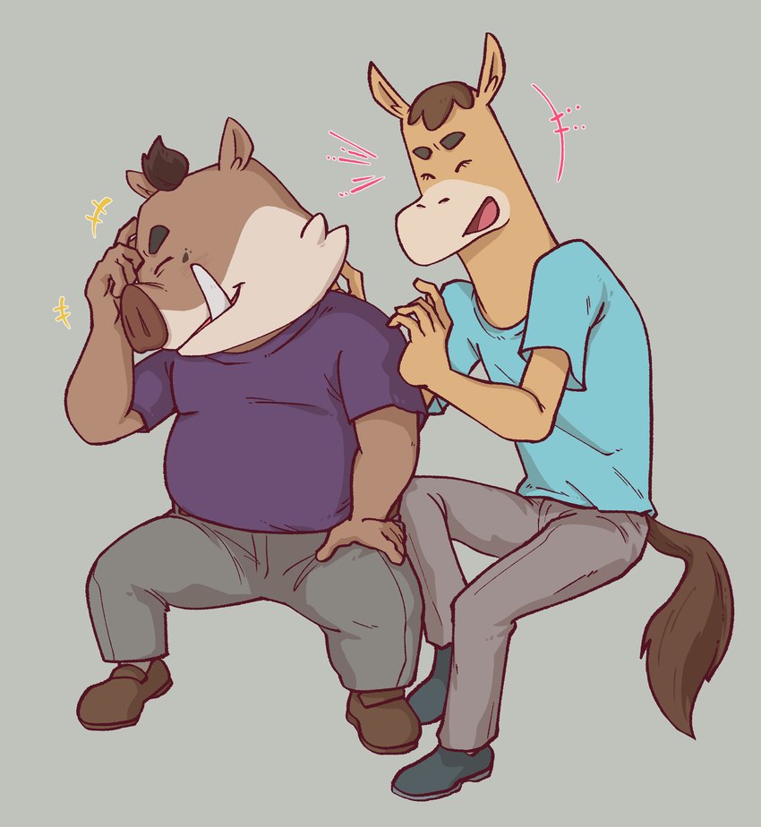 anthro belly bottomwear brown_body clothing duo eyes_closed humanoid_hands kemono male pants shirt simple_background sitting slightly_chubby topwear saturn_ribbon odd_taxi atsuya_baba_(odd_taxi) kensuke_shibagaki_(odd_taxi) equid equine horse mammal suid suina sus_(pig) wild_boar 2021 absurd_res hi_res