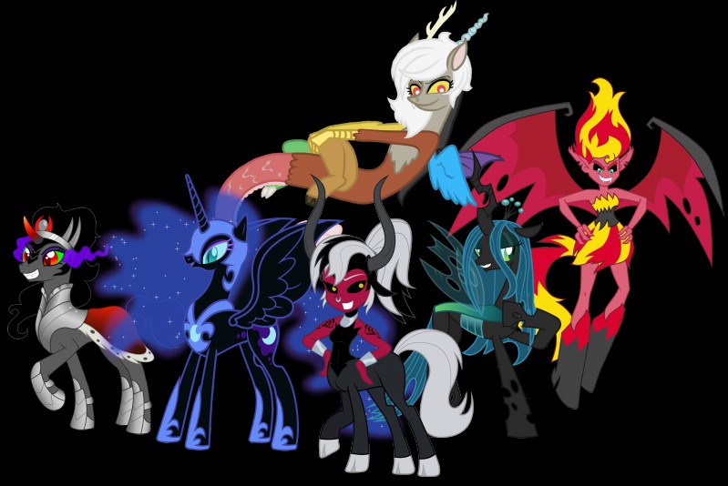 queen chrysalis, nightmare moon, sunset shimmer, king sombra, discord, and etc (friendship is magic and etc) created by 90sigma, jaquelindreamz, royal exo, theshadowstone, and tourniquetmuffin