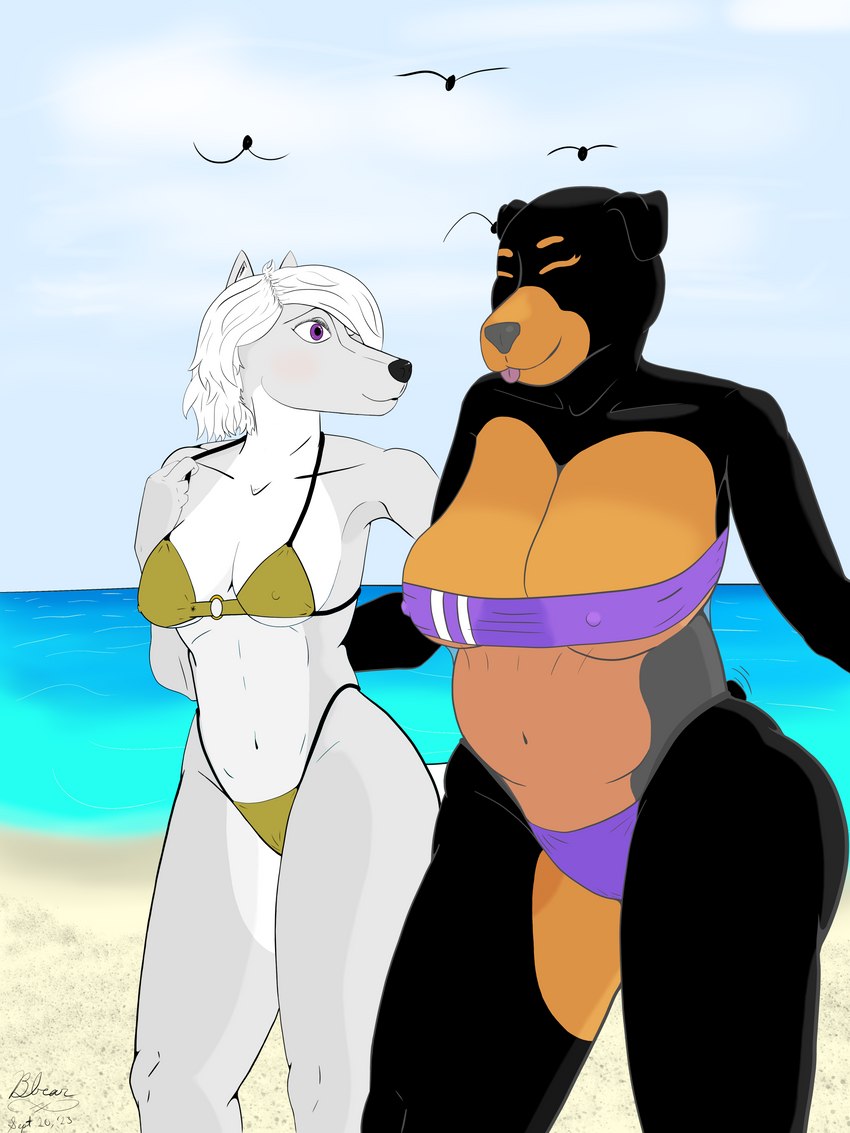 anthro big_breasts bikini biped blep blush breasts butt clothed clothing duo erect_nipples female female/female fur hair multicolored_body multicolored_fur navel nipples o-ring o-ring_bikini o-ring_bikini_top o-ring_swimwear one-piece_swimsuit smile standing swimwear tail thick_thighs tongue tongue_out translucent translucent_clothing translucent_swimwear triangle_bikini two-piece_swimsuit white_body white_fur bbear 101_dalmatian_street 101_dalmatians alpha_and_omega disney gris_swimsuit meme_clothing lilly_(alpha_and_omega) roxy_(101_dalmatians) canid canine canis domestic_dog mammal mastiff molosser rottweiler wolf 3:4 absurd_res dated digital_media_(artwork) hi_res meme shaded signature