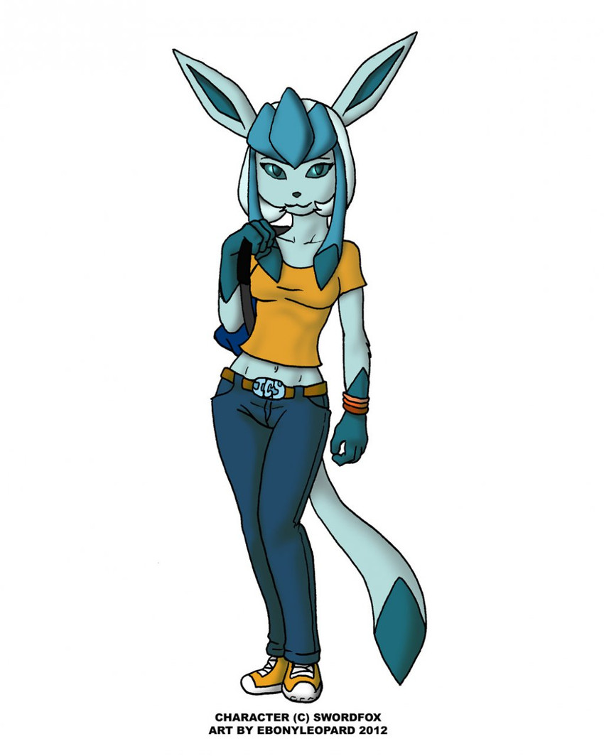 anthro backpack belt belt_buckle bottomwear bracelet breasts buckle clothing crop_top denim denim_bottomwear denim_clothing female footwear jeans jewelry midriff navel pants pokemorph shirt shoes simple_background solo straps t-shirt text topwear avoid_posting ebonyleopard nintendo pokemon aurora_(swordfox) eeveelution generation_4_pokemon glaceon pokemon_(species) 2012 english_text hi_res