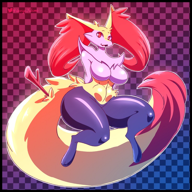 anthro big_breasts breasts female fur inner_ear_fluff looking_at_viewer nude open_mouth red_eyes simple_background solo thick_thighs tongue tuft white_body white_fur wide_hips yellow_body yellow_fur gf nintendo pokemon braixen canid canine generation_6_pokemon mammal pokemon_(species) 1:1 hi_res