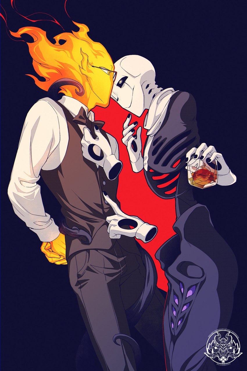 bone bow_tie clothing container cup drinking_glass duo eyewear fire floating_hands glass glass_container glass_cup glasses gloves glowing glowing_eyes hands_behind_back handwear humanoid_hands male male/male multiple_hands noseless rib_cage simple_background skeleton smile tumbler watermarked_at_source wearing_glasses reignbeaux13 undertale undertale_(series) gaster grillby animated_skeleton humanoid undead hi_res watermark