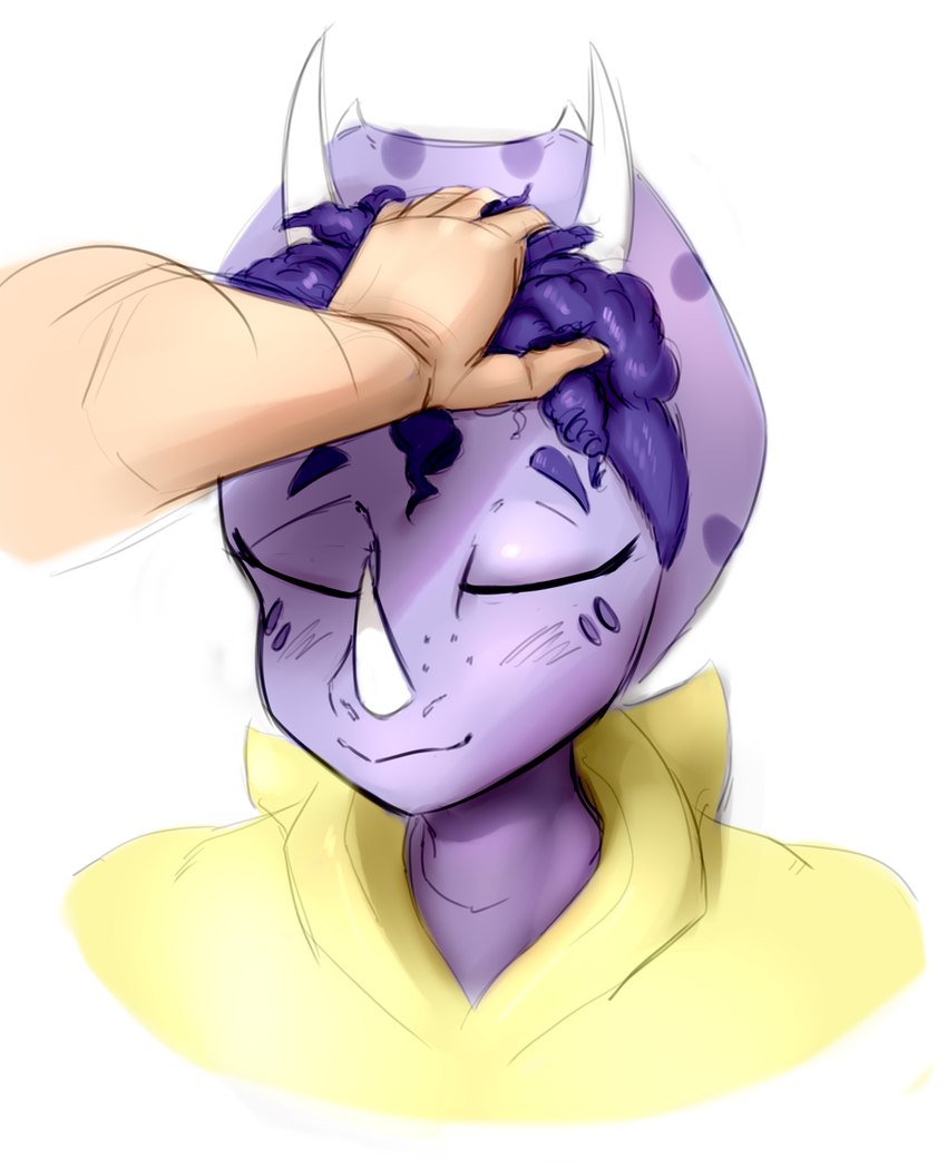 ambiguous_gender anthro biped clothed clothed_anthro clothed_female clothing duo eyebrows eyelashes eyes_closed facial_horn female female/ambiguous front_view hair happy headpat high-angle_view hoodie horn human_on_anthro interspecies markings purple_body purple_hair purple_scales raised_inner_eyebrows scales shadow short_hair simple_background smile spots spotted_markings topwear white_background yellow_clothing yellow_hoodie yellow_topwear unknown_artist cavemanon_studios goodbye_volcano_high snoot_game trish_(gvh) ceratopsian dinosaur human mammal ornithischian prehistoric_species reptile scalie triceratops bust_portrait guide_lines portrait shaded