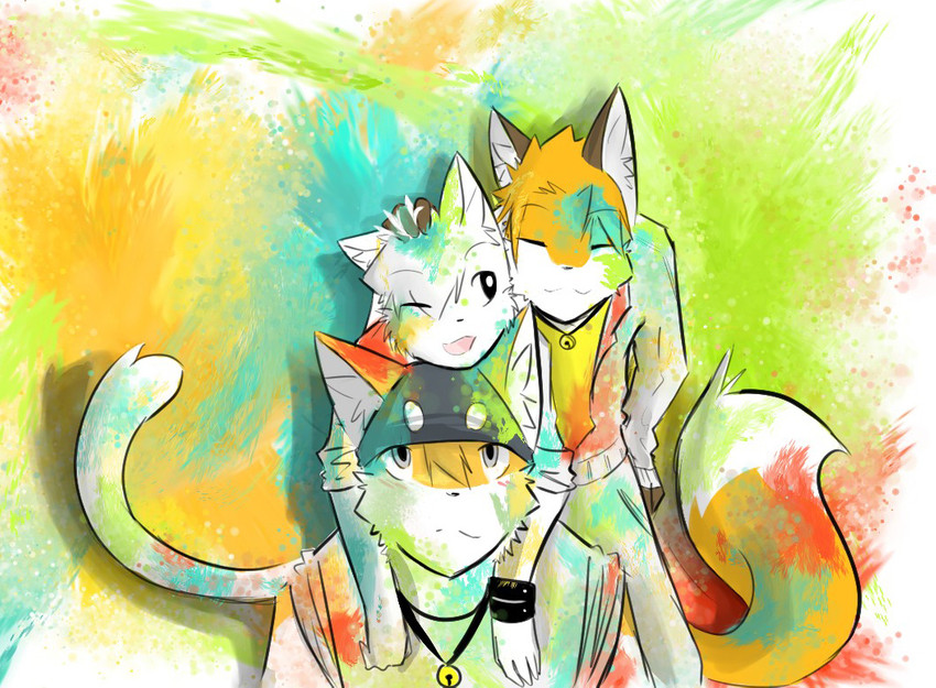 :3 ;3 ;d anthro arms_around_neck bell bell_collar black_eyes bracelet collar colorful_background eyes_closed fur grey_eyes group hair_between_eyes headpat hug hugging_another hugging_from_behind jewelry jingle_bell long_sleeves male male_focus one_eye_closed orange_body orange_fur orange_tail paint_splatter remake smile tail white_body white_fur white_tail tohfu fayt_(tohfu) kiba_(tohfu) kyo_(tohfu) canid canine canis domestic_cat domestic_dog felid feline felis fox mammal shiba_inu spitz colorful_theme