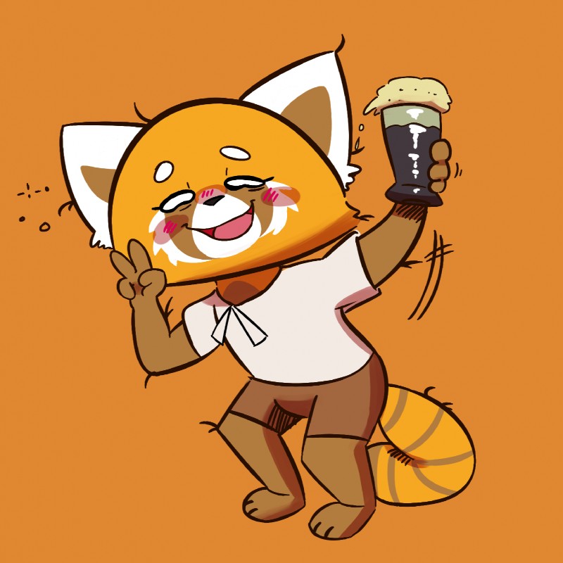 alcohol anthro barefoot beverage biped blush clothed clothing drunk eyelashes feet female open_mouth orange_background simple_background smile solo substance_intoxication gabbah aggretsuko sanrio retsuko ailurid mammal red_panda 1:1 hi_res