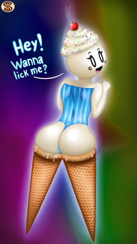 alternate_species butt clothing dessert female food humanoidized ice_cream looking_at_viewer looking_back not_furry one-piece_swimsuit rear_view solo swimwear text what flowerfondler miss_dollop food_creature humanoid ice_cream_creature ice_cream_humanoid english_text hi_res