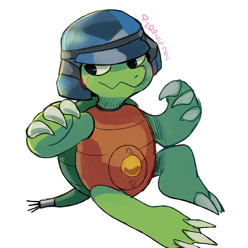 anthro armor claws finger_claws green_body headgear helmet male shell smile solo toe_claws pirruwan bandai_namco digimon digimon_(species) kamemon scalie 1:1 hi_res