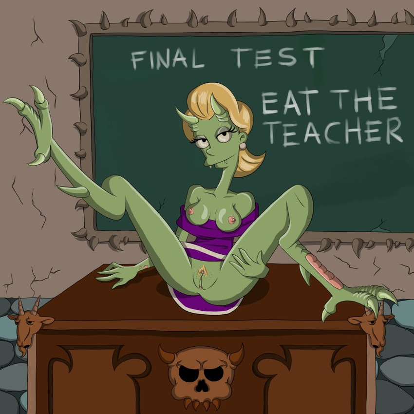 blonde_hair clothing dress female genitals green_body green_horn green_skin hair horn not_furry presenting presenting_pussy purple_clothing purple_dress pussy scales solo spread_legs spreading text yellow_pubic_hair vishok the_simpsons treehouse_of_horror demon_teacher_(the_simpsons) demon 1:1 english_text