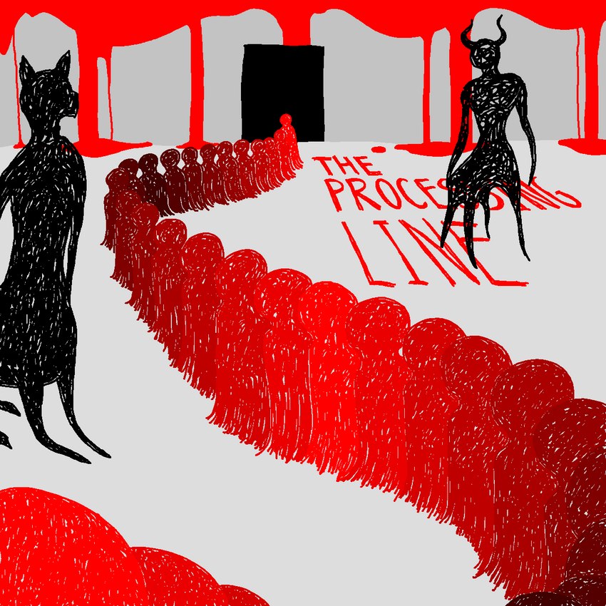 2_horns ambiguous_gender blood bodily_fluids doorway group horn pointy_ears prick_ears quadruped queue silhouette standing text title sunnyclockwork the_magnus_archives taur unknown_species 1:1 english_text hi_res red_theme