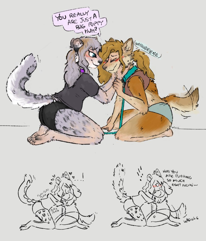 anthro bdsm biped blush clothed clothing collar dialogue duo female female/female fingers hair leash leashed_collar petplay purring roleplay scritches speech_bubble tail tail_motion tailwag text underwear vanillayote rain_(vanillayote) canid canine canis coyote felid mammal pantherine snow_leopard comic english_text hi_res trans_(lore) trans_woman_(lore)