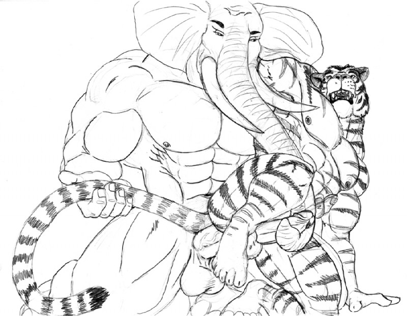 abs anal anal_penetration anthro anthro_on_anthro arm_around_shoulders balls biceps big_penis duo erection fangs from_behind_position fur genitals humanoid_genitalia humanoid_penis interspecies kneeling legs_up male male/male male_penetrated male_penetrating male_penetrating_male markings muscular muscular_male nipples nude open_mouth pecs penetration penile penile_penetration penis penis_in_ass presenting proboscis_(anatomy) raised_leg sex stripes tail tail_grab teeth trunk trunk_(anatomy) trunk_play trunk_sex trunkjob tusks vein sudonym elephant elephantid felid mammal pantherine proboscidean tiger black_and_white graphite_(artwork) mixed_media monochrome pen_(artwork) sketch traditional_media_(artwork)