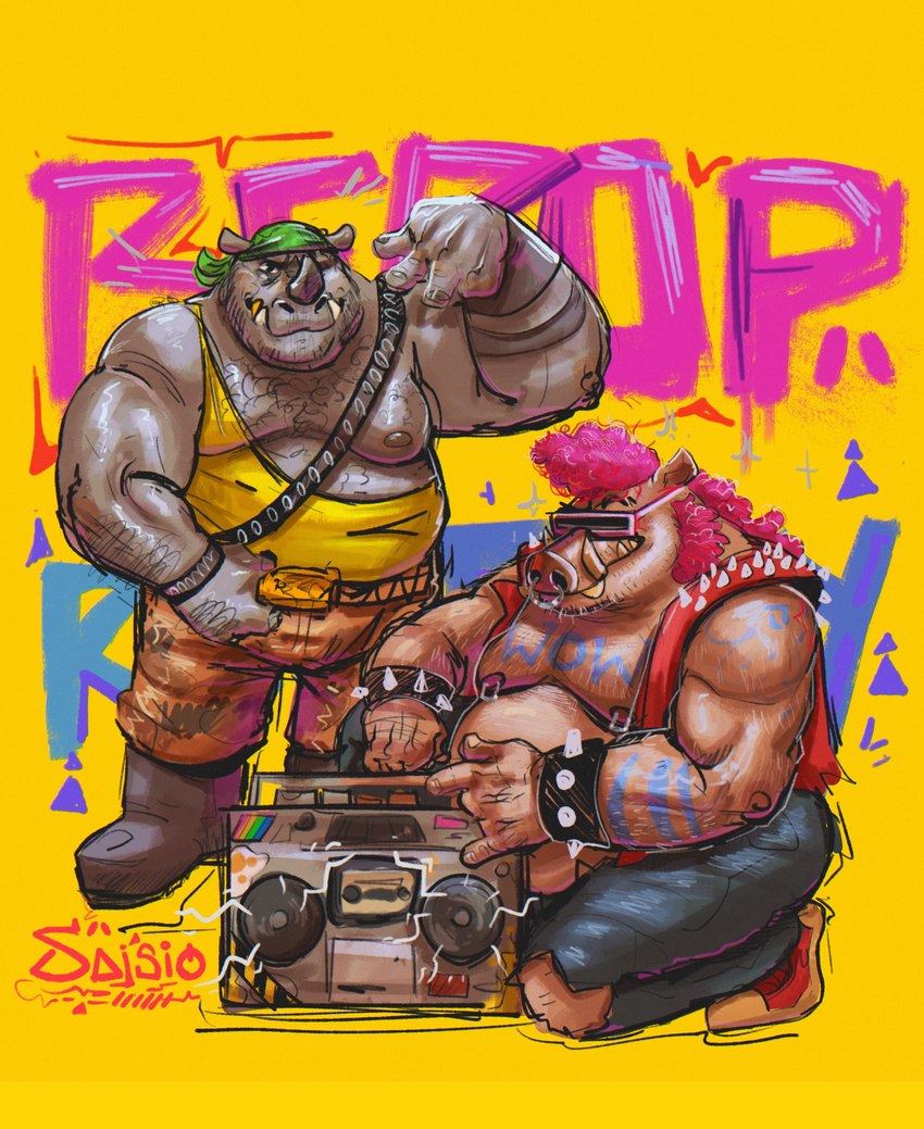 anthro belly biceps boombox clothing duo eyewear hair horn kerchief male moobs musclegut muscular nipple_piercing nipple_ring nipples overweight overweight_male piercing pink_hair ring_piercing shirt sunglasses tank_top tattoo topwear tusks said_the_saisio teenage_mutant_ninja_turtles bebop rocksteady mammal rhinoceros suid suine sus_(pig) wild_boar absurd_res hi_res