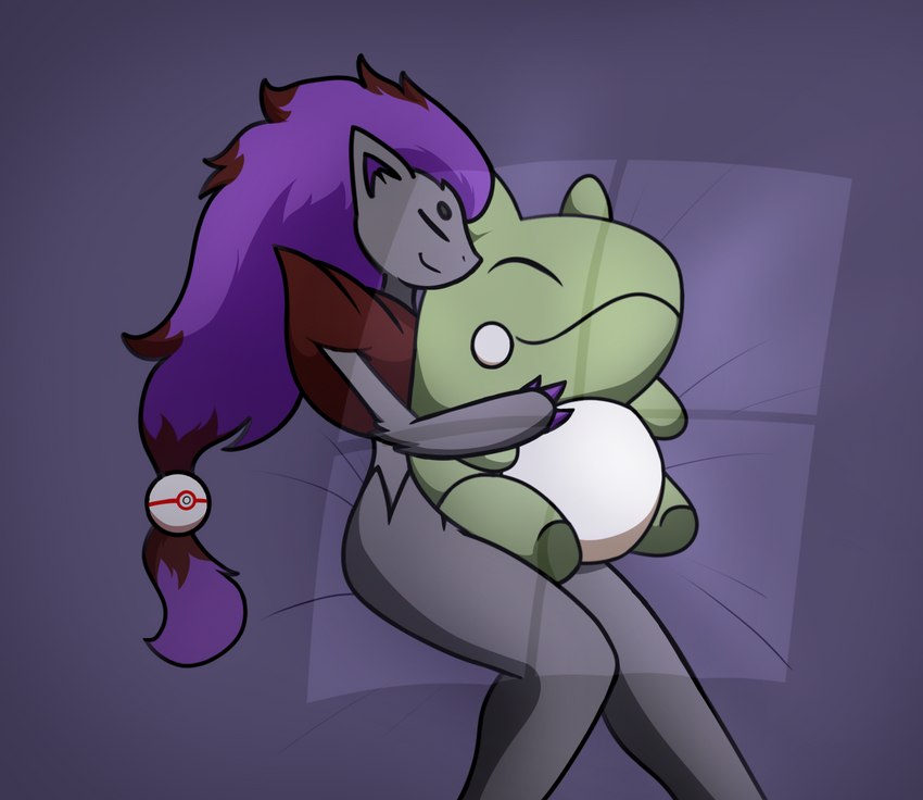 ambiguous_gender anthro bed biped cuddling cuddling_plushie eyes_closed fur furniture grey_body grey_fur hair lying nude on_back on_bed plushie pokeball premier_ball purple_hair sleeping solo spooning imces nintendo pokemon fan_character substitute_doll zor_(nya4) generation_5_pokemon pokemon_(species) shiny_pokemon zoroark 2022 hi_res male_(lore)