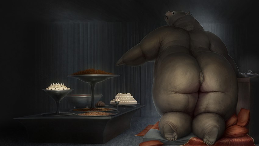 anthro big_butt brown_body brown_fur butt cake chubby_cheeks dessert eating eating_food female food fur hungry kneeling looking_at_viewer looking_back looking_back_at_viewer nude on_ground overweight overweight_female pawpads presenting presenting_hindquarters size_difference slightly_chubby slightly_chubby_anthro slightly_chubby_female solo thick_thighs wide_hips meanybeany bear mammal 16:9 hi_res widescreen