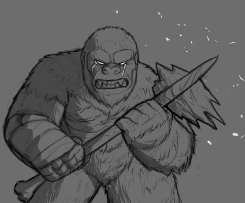 armor axe bared_teeth battle bodily_fluids clothing crying embers feral fighting_pose fur gauntlets gauntlets_(weapon) gloves handwear holding_object holding_weapon male pose power_fist scar solo tears teeth weapon mr_dinobutt king_kong_(series) monsterverse king_kong ape haplorhine kaiju mammal primate greyscale hi_res monochrome