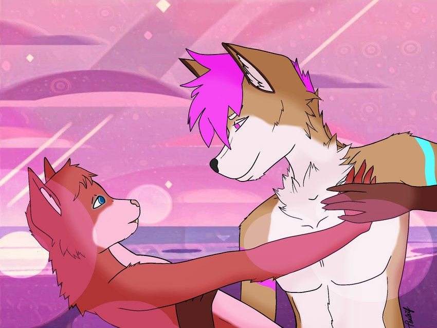 anthro beach blue_eyes brown_body brown_fur countershading dancing duo femboy foreground_sparkles fur glowing glowing_background glowing_body male male/male moon pink_body pink_fur purple_body purple_eyes purple_fur red_body red_fur size_difference sundown sunset skrelplushie kate_hanami marou canid canine canis mammal rodent sciurid tree_squirrel wolf 4:3 hi_res shaded