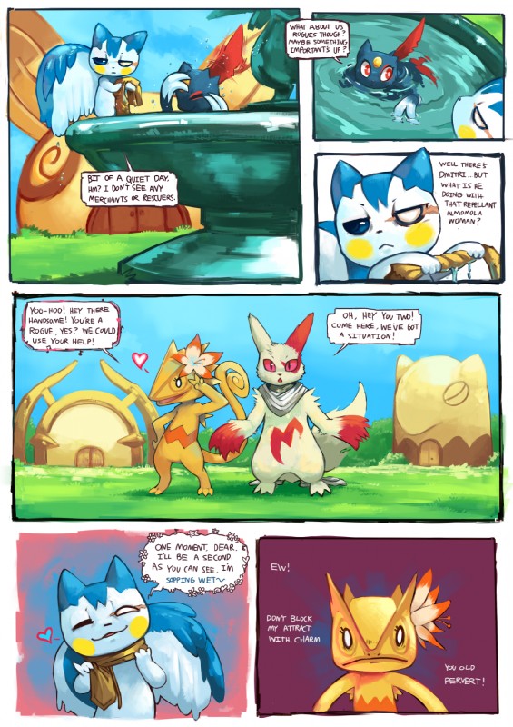 alternate_color anthro bathing blue_eyes claws clothing dialogue eyes_closed facial_markings female flirting flower fountain group head_markings heart_symbol male markings plant red_eyes red_markings scar scarf smile speech_bubble text water wet young young_anthro sheer_(artist) nintendo pmd-e pokemon anana_(pmd-e) dmitri_(pmd-e) rowanhardt sundance_(sheer) generation_2_pokemon generation_3_pokemon generation_4_pokemon kecleon mammal mustelid pachirisu pokemon_(species) reptile rodent scalie sciurid sneasel zangoose colored comic english_text hi_res