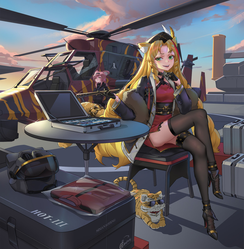 aircraft ambiguous_gender blonde_hair breasts clothing cloud computer detailed_background electronics eurocopter_tiger female feral footwear gloves group hair handwear helicopter high_heels holding_object humanoid_focus inner_ear_fluff laptop legwear long_hair shoes sitting smile stockings tuft vehicle sima_naoteng arknights hypergryph studio_montagne lin_yuhsia_(arknights) swire_(arknights) animal_humanoid felid felid_humanoid humanoid mammal mammal_humanoid pantherine tiger 2020 hi_res