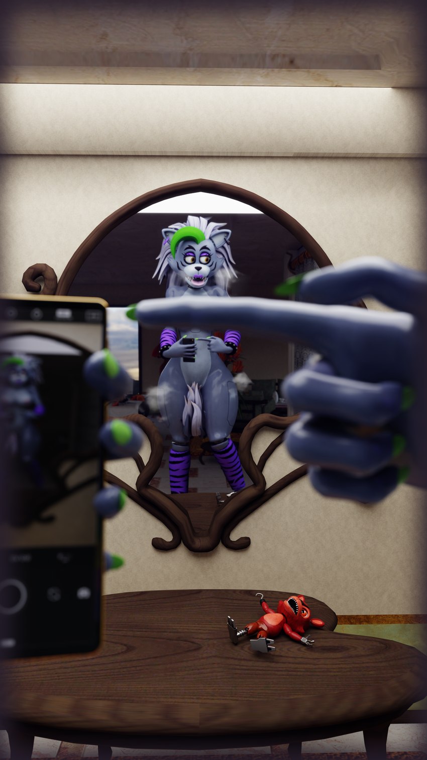 anthro belt big_breasts breasts clothing female machine mirror_selfie nipples nude open_mouth selfie solo standing tongue tongue_out thicchips blender_cycles five_nights_at_freddy's five_nights_at_freddy's:_security_breach one_finger_challenge scottgames steel_wool_studios roxanne_wolf animatronic canid canine canis mammal robot wolf 2023 3d_(artwork) 4k 9:16 absurd_res digital_media_(artwork) hi_res huge_filesize meme