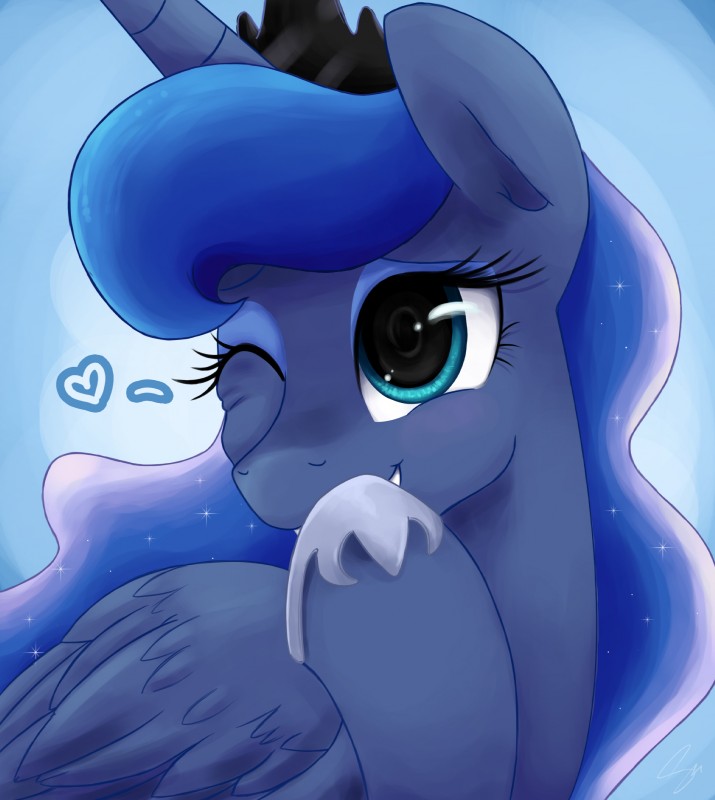 blue_body blue_eyes blue_feathers crown eyeshadow feathered_wings feathers female feral flirting headgear heart_symbol horn makeup one_eye_closed solo sparkles wings wink steffy-beff friendship_is_magic hasbro my_little_pony mythology princess_luna_(mlp) equid equine mammal mythological_creature mythological_equine winged_unicorn absurd_res hi_res