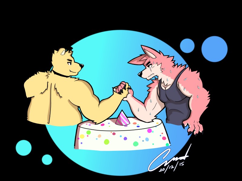 alternate_species anthro anthrofied arm_wrestling biceps clothed clothing duo furrification hat headgear headwear male musclegut muscular muscular_male overweight overweight_male party_hat pecs pink_body scar shirt side_view simple_background tank_top top_hat topwear triceps ferncraft five_nights_at_freddy's scottgames foxy_(fnaf) golden_freddy_(fnaf) bear canid canine fox mammal 2015 4:3 alpha_channel cel_shading digital_media_(artwork) half-length_portrait hi_res portrait shaded signature