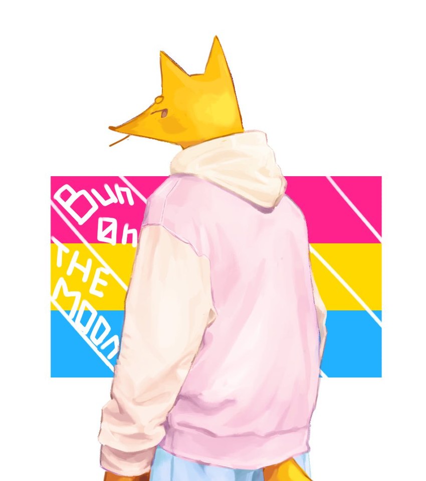 anthro athletic athletic_anthro athletic_male black_eyes clothing flag flag_background fur hoodie lgbt_pride looking_at_viewer male male_anthro pansexual_pride_colors pink_clothing pink_hoodie pink_topwear pride_colors solo standing topwear yellow_body yellow_fur bunonthemoon domestic_cat felid feline felis mammal 2023