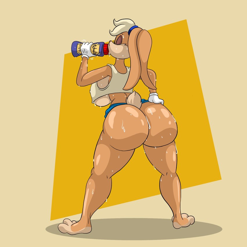 anthro big_breasts big_butt blonde_hair bodily_fluids bottomwear breasts bubble_butt butt clothing drinking eyes_closed female hair hand_on_butt hand_on_own_butt ineffective_clothing shirt simple_background solo sweat sweaty_breasts sweaty_butt sweaty_legs sweaty_thighs tank_top thick_thighs topwear cartoonfan402 looney_tunes warner_brothers lola_bunny lagomorph leporid mammal rabbit 1:1 hi_res