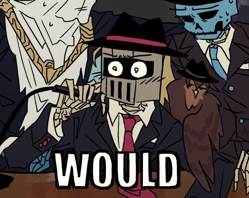 ambiguous_gender armor blue_necktie bodily_fluids bone carrying_another clothing electronics fedora feral group hat headgear headwear helmet holding_microphone holding_object microphone necktie on_shoulder red_necktie skeleton suit sweat volatilemask new_blood_interactive ultrakill would_(reaction_image) hank_(ultrakill) mysterious_druid_knight owl_(ultrakill) the_ferryman_(ultrakill) avian bird humanoid owl meme