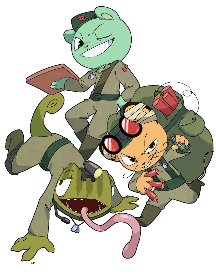 anthro clothed clothing explosives grenade group long_tongue male simple_background tnt tongue tongue_out trio weapon white_background opiopaopi happy_tree_friends flippy_(htf) mouse_ka-boom sneaky_(htf) bear chameleon lizard mammal mouse murid murine reptile rodent scalie hi_res