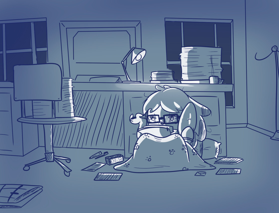 alarm_clock anthro bangs blue_blanket blue_clothing blue_eyes blue_hair blue_line_art blue_shirt blue_topwear brush chair clock clothing coat_rack container cup desk doorway female female_anthro fingers floppy_ears furniture hair holding_object holding_paper inside lamp light lop_ears mug multicolored_hair number office_chair paper pillow pupils shirt small_nose solo steam table time tired toothbrush topwear two_tone_hair under_blanket wall_(structure) white_pupils window cookieboy011 animal_crossing nintendo isabelle_(animal_crossing) canid canine canis domestic_dog mammal shih_tzu toy_dog 2018 blue_and_white colored_line_art digital_drawing_(artwork) digital_media_(artwork) english_description lighting monochrome