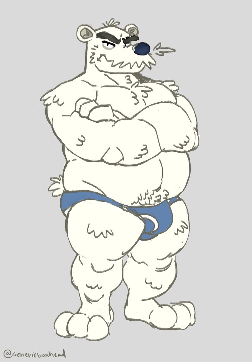 anthro belly black_nose bulge clothing male overweight overweight_male simple_background solo underwear white_body genericboxhead club_penguin herbert_p._bear bear mammal polar_bear ursine 2024 hi_res