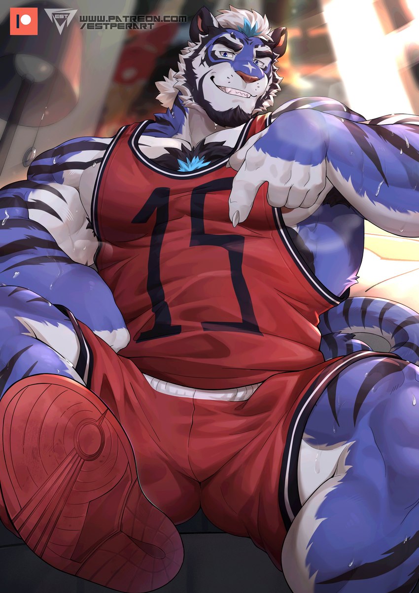 anthro armpit_hair basketball_jersey basketball_shorts basketball_uniform beard bedroom black_stripes blue_body blue_fur blue_highlights bodily_fluids body_hair chest_tuft clothing facial_hair facial_markings feet footwear fur gesture goatee hair hand_gesture head_markings highlights_(coloring) lamp logo looking_at_viewer male markings muscular muscular_anthro muscular_male muscular_thighs musk musk_clouds musky_armpit nipples number obliques pecs pointing pointing_down shoe_soles shoes sideburns sitting smile sneakers soles solo sportswear stripes sweat text tuft uniform white_body white_fur white_hair estper patreon bluedy_(estper) felid mammal pantherine tiger 2023 absurd_res artist_logo hi_res url