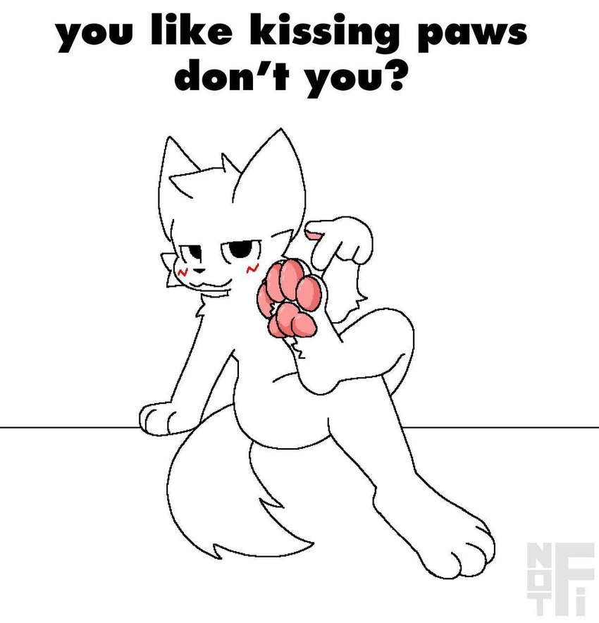 anthro bedroom_eyes blush caption feet foot_focus fur gesture hand_gesture looking_at_viewer male narrowed_eyes notfi pointing pointing_at_self seductive solo white_body white_fur unknown_artist boy_kisser_(meme) silly_cat_(mauzymice) hi_res meme